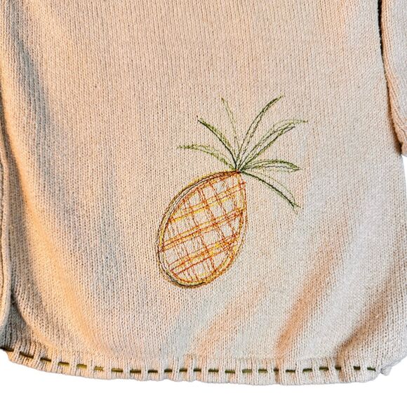 Silk Cotton Blend Cardigan Sweater Womens Large Ivory Pineapple Embroidery - Picture 9 of 13